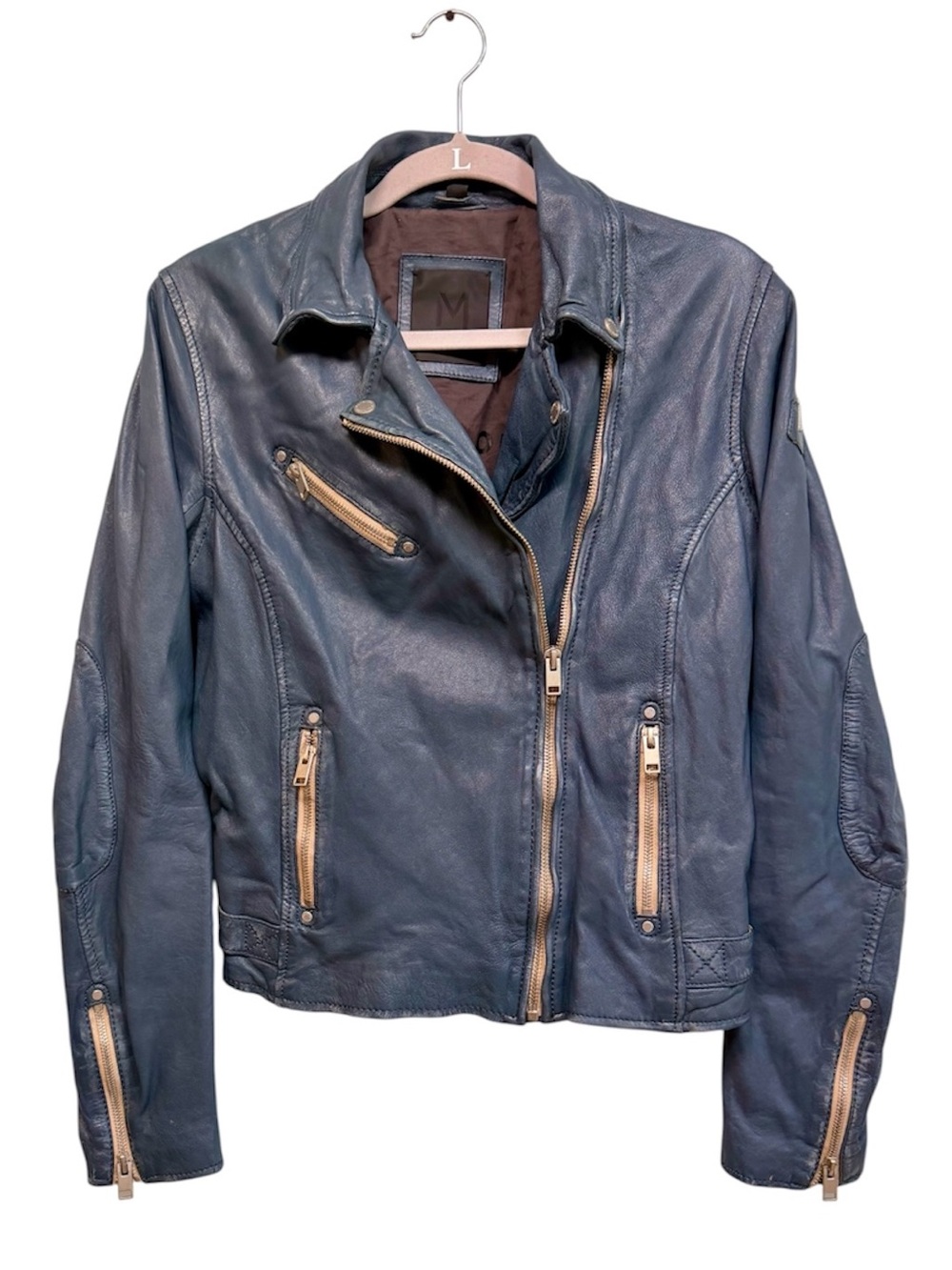 Mauritius 100% lamb leather blue gray moto jacket, size 10, Large